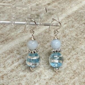 Frosty Aquamarine & Murano Glass Dangle Earrings With Silver Accents